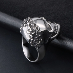 Men's punk skull ring with floral relief carvings in polished silver stainless steel