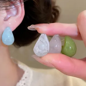 Minimalist resin waterdrop stud earrings in blue, white, pink and green marble patterns