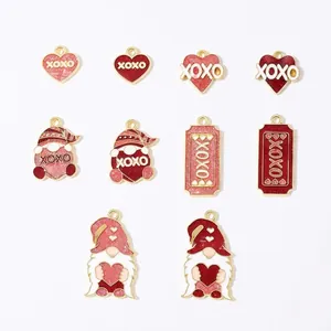 Size chart for Valentine enamel charms including heart and gnome pendants with XOXO details