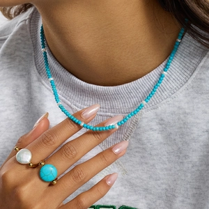 Classic 18K gold stainless steel necklace with turquoise beads and baroque pearl accents