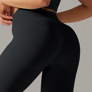 Close-up of seamless knitted yoga pants with rib texture and honeycomb lifting effect