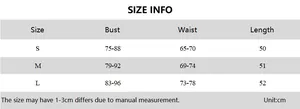 Size chart for the women asymmetric neck slim fit tank top with detailed measurements