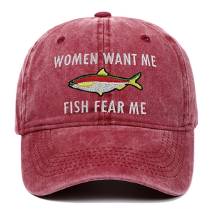 Vintage burgundy baseball cap with fishing embroidery featuring fish and text