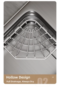 Detailed macro view of the hollow drainage design on stainless steel sink sponge rack
