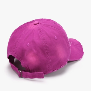 Distressed magenta cotton baseball cap with adjustable metal buckle back view