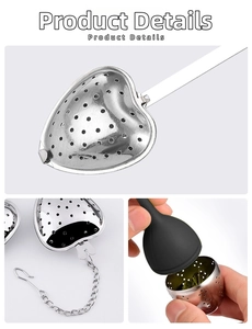 Detail view of heart-shaped stainless steel tea infusers with handle and chain styles