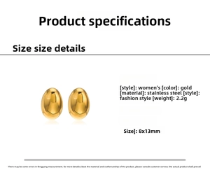 Detail view of 8x13mm oval 18K gold plated stainless steel stud earrings specifications