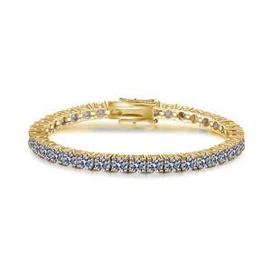 Close-up of golden tennis bracelet with round-cut moissanite stones and secure clasp