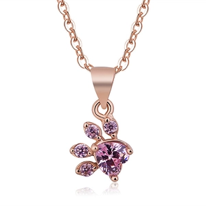 Rose gold necklace with a pink heart-shaped crystal cat paw pendant on white background