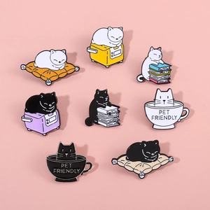 Set of 8 cute cartoon enamel cat brooches featuring kittens in tea cups and on pillows
