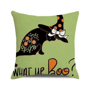 Halloween decorative square pillow cover with black cat and pumpkin design on green