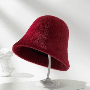 Close-up of the thick burgundy faux rabbit fur texture on this bucket hat detail
