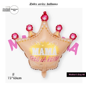 Detail of crown shaped foil balloon with Spanish text Mama Eres La Reina for Mother's Day