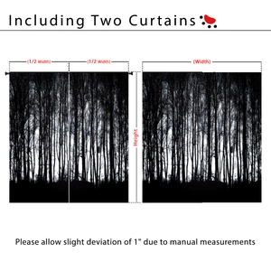 Detailed measurement guide for black and white tree print blackout curtains two-piece set