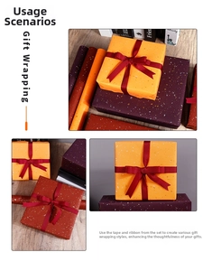 Detail of gold foil gift wrapping paper in orange and purple with red ribbon