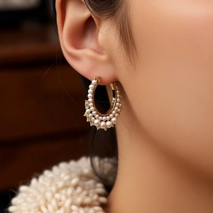 French vintage gold hoop earrings with pearls and crystals worn by a model