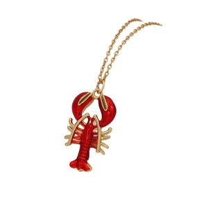 Creative red lobster charm necklace with gold stainless steel chain on white background
