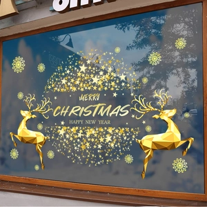 Golden reindeer Christmas window stickers with geometric deer and snowflake decals decor