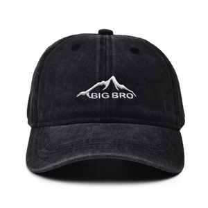 Black washed cotton baseball cap for kids with white Big Bro mountain embroidery