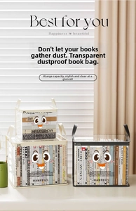 Close-up of a clear PVC book storage bag with reinforced handles and secure zipper closure