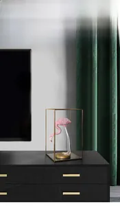 Detail of a modern gold metal frame glass display box on a black luxury cabinet