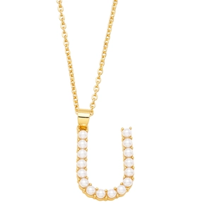 Detailed view of a gold-plated necklace featuring a letter U pendant with inlaid pearls