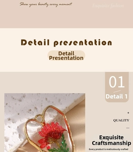 Detailed macro view of heart-shaped resin earring featuring red dried daisy and gold frame