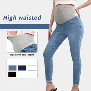 Maternity Jeans High Waisted Abdominal Support Stretch Denim Slim Fit Casual Tapered Pants For Pregnant Women Comfortable