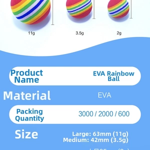 Specifiche delle dimensioni per palline arcobaleno in EVA con peso e diametro inclusi
