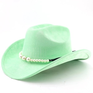 Detail of light green suede cowboy hat with decorative pearl band on white background