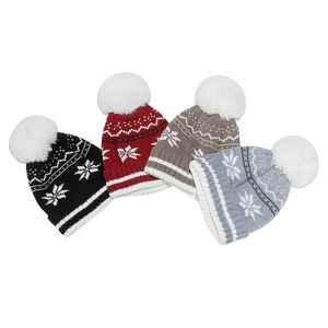 Kids knitted Christmas winter hats set with snowflake patterns and white faux fur pom poms