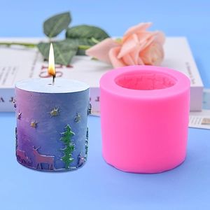 Christmas Elk Forest Relief Cylindrical Silicone Mold DIY Baking Cake Candle Soap Making Starry Sky Pattern