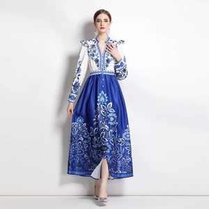 French vintage royal blue floral maxi dress with long sleeves and elegant slim waist fit