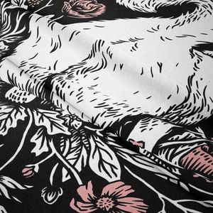 Detailed close-up showing the soft fabric texture and floral pattern of the cat tapestry