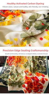 Detailed close-up of floral print silk scarf featuring premium hemmed edges and soft texture