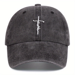 Vintage washed charcoal baseball cap with white faith cross embroidery on front