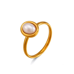 Golden stainless steel oval ring featuring a white faux pearl inlay on a white background