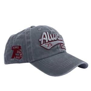Detail view of Always 75 3D embroidery on washed vintage dark grey cotton baseball cap