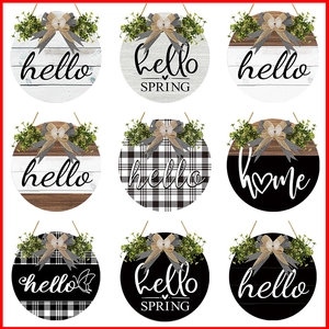 Welcome Sign Round Wooden Door Hanger With Artificial Greenery And Buffalo Plaid Bow Farmhouse Spring Home Decor Hello