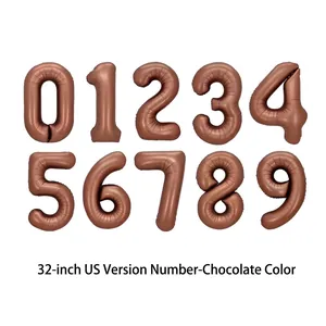 Detail view of 32 inch chocolate brown foil number balloons from 0 to 9 for birthday decor