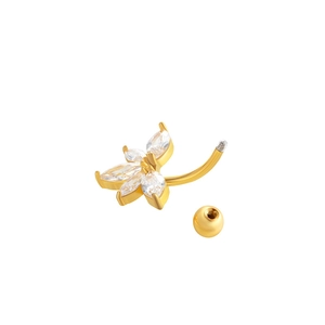Golden flower belly button ring with marquise zircon stones on white background