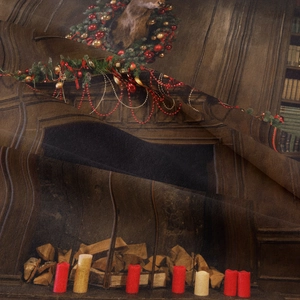 Detail shot of Christmas tapestry showing soft fabric texture and warm fireplace pattern