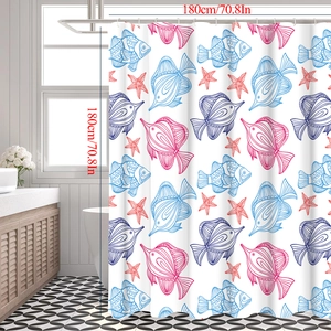 Detail of minimalist shower curtain with cute colorful fish patterns and metal hooks