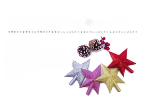 Detail view of five glittery Christmas tree star toppers in gold, silver, red, and blue colors