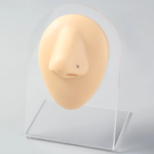 Detail view of a rainbow star nose stud piercing on a professional model display