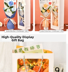 Detail of handcrafted knitted flower bouquet set with LED light and gift packaging