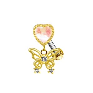 Pink heart and butterfly navel ring with gold finish and white cubic zirconia stones