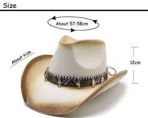 Detailed view of vintage denim cowboy hat with ethnic beads and metal pendants