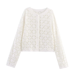 Elegant white crochet hollow out long sleeve knit cardigan with fine floral lace texture