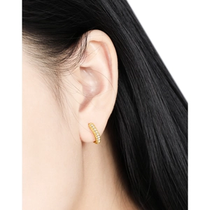 Elegant gold S925 silver hoop earrings with pavé diamond design on female model